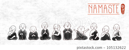 Cute buddhist monks hand drawn with ink on rice paper background. Traditional oriental ink painting sumi-e, u-sin, go-hua on rice paper background. Illustration with Jizo japanese deity. 105132622