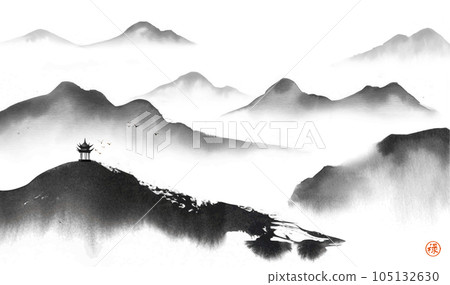 Ink wash painting with landscape in chinese style with pagoda temple and misty mountains. Traditional Japanese ink wash painting sumi-e. Translation of hieroglyph - well-being Ink wash painting with landscape in chinese style with pagoda temple and misty mountains. Traditional Japanese ink wash painting sumi-e. Translation of hieroglyph - well-being 105132630