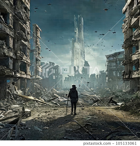 Silhouette of a person walking in abandoned city after the nuclear apocalypse disaster Silhouette of a person walking in abandoned city after the nuclear apocalypse disaster 105133061
