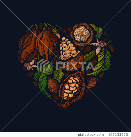 Cocoa heart symbol. Organic chocolate. Kakao beans 105133330