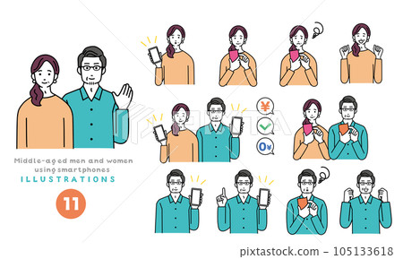 A simple illustration set of smartphones and middle-aged and elderly men and women A simple illustration set of smartphones and middle-aged and elderly men and women 105133618
