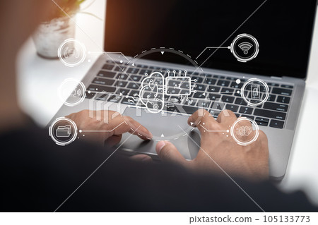 Artificial Intelligence technology. Businessman using a laptop computer chatting with an intelligent artificial intelligence. Futuristic technology, automate Chat Bot, Smart Ai. 105133773