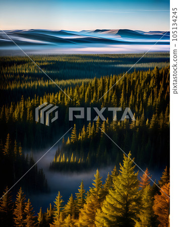 ethereal forest with fog birds eye view. 105134245