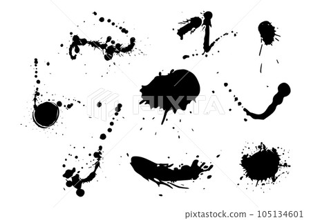Ink Splash stain shape, brush abstract spatter isolated creative set. Frame, design element, print. Ink Splash stain shape, brush abstract spatter isolated creative set. Frame, design element, print. 105134601