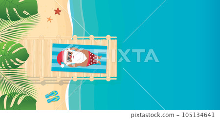 cute santa claus lying on the beach under a palm tree 105134641