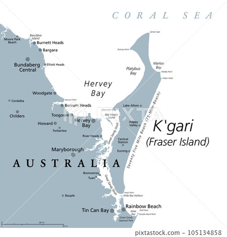 Kgari, formerly Fraser Island, gray political map. Worlds largest sand island along the coast of Queensland, Australia, with 75-Mile-Beach. Inhabited for at least 5000 years by Aboriginal Australians. 105134858