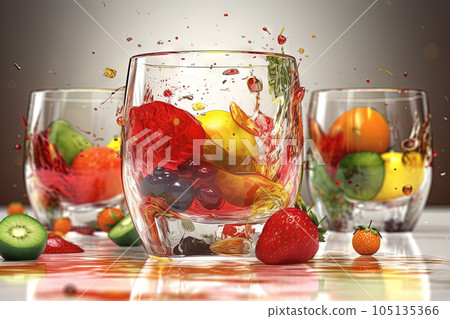 Glass of juice with fruits and berries on the table. Drink splash of sweet organic cocktail. Generated AI. Glass of juice with fruits and berries on the table. Drink splash of sweet organic cocktail. Generated AI. 105135366