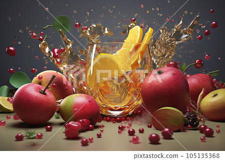 Glass of juice with fruits and berries on the table. Drink splash of sweet organic cocktail. Generated AI. Glass of juice with fruits and berries on the table. Drink splash of sweet organic cocktail. Generated AI. 105135368