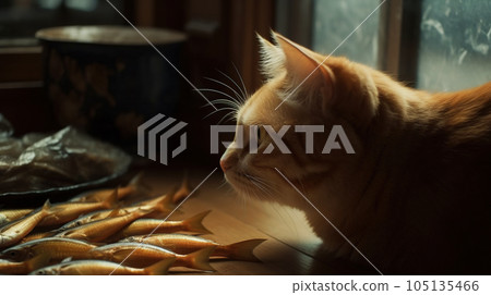 Cute cat watching the fish. Funny kitten sniffing the fish. Generated AI. 105135466