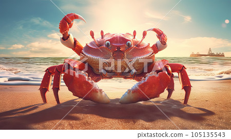 Curious crab on the sandy beach in nostalgic card style. Retro vacation postcard with crab on the coast. Generated AI. 105135543