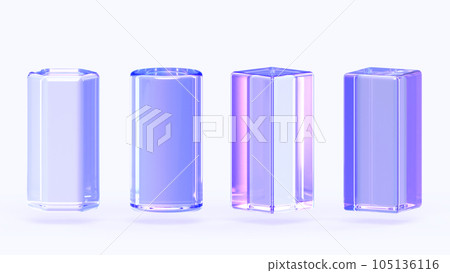Glass cylinder, rectangle cube and hexagon pillar, 3d render icons set. Crystal rainbow column podium, blank pedestal platform with hologram gradient for presentation, display product. 3D illustration 105136116