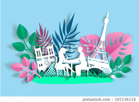 Romantic travel poster, banner template, vector paper cut illustration 105136118