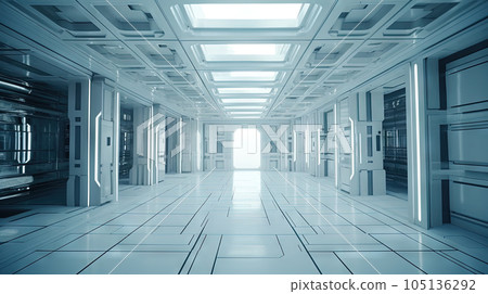 Interior of white industrial hangar or warehouse. Modern architecture industrial room. Generated AI. Interior of white industrial hangar or warehouse. Modern architecture industrial room. Generated AI. 105136292