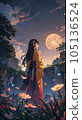 滿月、藍色的大海和女孩的插圖 105136524