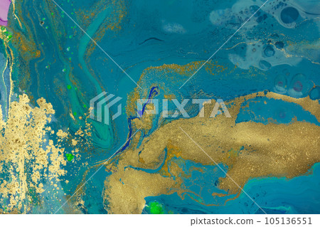 Yellow Gold Dust on Liquid Blue Ink Background. 105136551