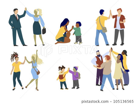 Happy people giving high five hand gesture, vector flat isolated illustration Happy people giving high five hand gesture, vector flat isolated illustration 105136565