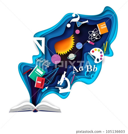 Open book with school supplies, vector paper cut illustration Open book with school supplies, vector paper cut illustration 105136603