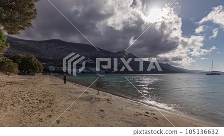 Panorama showing beach in Amorgos island aerial timelapse from above. Greece Panorama showing beach in Amorgos island aerial timelapse from above. Greece 105136632
