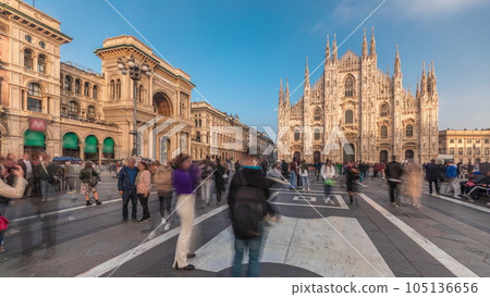Panorama showing Vittorio Emanuele gallery and Milan Cathedral timelapse. 105136656