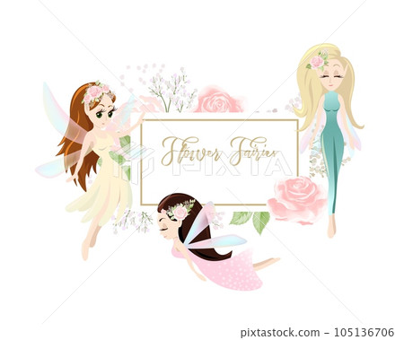 Cards for holiday invitation or birthday with tropical flowers and pixies Cards for holiday invitation or birthday with tropical flowers and pixies 105136706