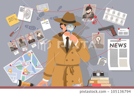 Detective with magnifying glass in office vector 105136794