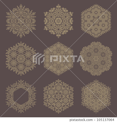 Set of Round Vector Snowflakes With Winter Ornament. Collection of Snowflakes in Different Styles 105137064