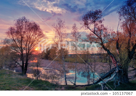 Sunset over the lake. Serene lake in the spring evening. Nature landscape 105137067