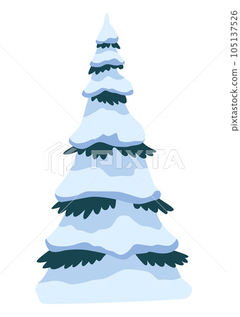 Realistic fir tree in snow. Fluffy pine on white background. Spruce covered with snow. Winter snow-covered tree 105137526