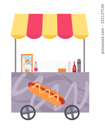 Street fast food stall, truck sale. Mobile food cart. Pizza, hamburger orhot dog fast food street shop. Vector illustration on white Street fast food stall, truck sale. Mobile food cart. Pizza, hamburger orhot dog fast food street shop. Vector illustration on white 105137539
