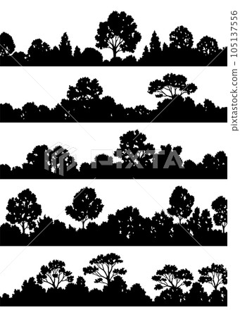 Forest silhouettes, natural wild landscape. Set editable vector foregrounds of woodlands. Tees black silhouettes detailed illustration Forest silhouettes, natural wild landscape. Set editable vector foregrounds of woodlands. Tees black silhouettes detailed illustration 105137556