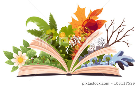 Book four seasons. Fairy tale story about four seasons, summer, winter, spring, autumn. Open book with different season on pages. Reading fantasy storybook about nature. Vector illustration Book four seasons. Fairy tale story about four seasons, summer, winter, spring, autumn. Open book with different season on pages. Reading fantasy storybook about nature. Vector illustration 105137559
