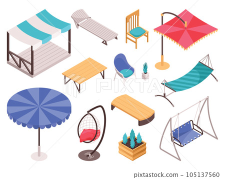 Isometric garden furniture isometric set with tent, wooden table and chair. Bed, bench, swing and hammocks with umbrella top. Vector terrace outdoor lounge or patio isolated icons on white background Isometric garden furniture isometric set with tent, wooden table and chair. Bed, bench, swing and hammocks with umbrella top. Vector terrace outdoor lounge or patio isolated icons on white background 105137560