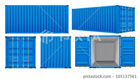 Logistic cargo containers. Front, side back and perspective view. Shipping, transportation and delivery concept. Realistic 3d templates isolated on white background Logistic cargo containers. Front, side back and perspective view. Shipping, transportation and delivery concept. Realistic 3d templates isolated on white background 105137561