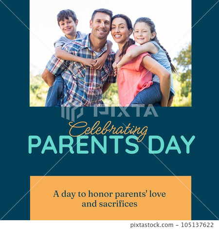 Celebrating parents day text with happy caucasian parents carrying children in sunny park 105137622