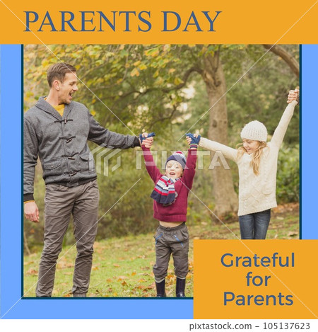 Parents day, grateful for parents text and caucasian father and children cheering in park 105137623
