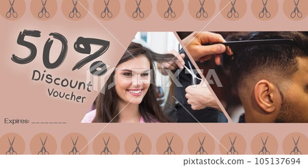 Composition of discount voucher text over diverse customers at hair salon Composition of discount voucher text over diverse customers at hair salon 105137694