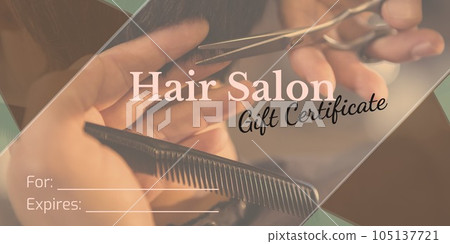 Composition of gift certificate text over hands of biracial female hairdresser giving cutting hair 105137721