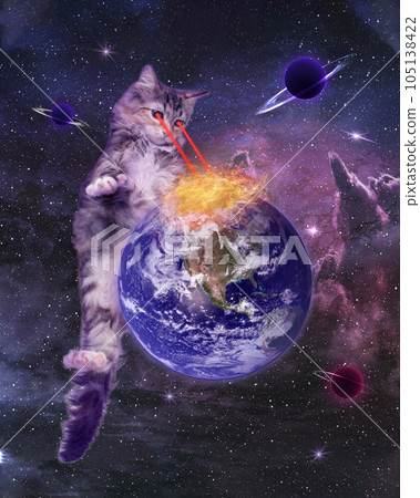 Contemporary art collage. Cat, kitten flying in cosmos, looking on earth planet with neon colored laser. New life beyond Contemporary art collage. Cat, kitten flying in cosmos, looking on earth planet with neon colored laser. New life beyond 105138422