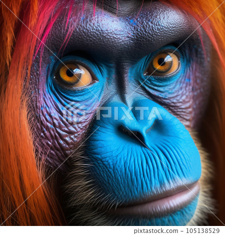 Bright make-up of a female orangutan monkey, blue shadows, red hair, spectacular work of a makeup artist, cartoon illustration, 105138529