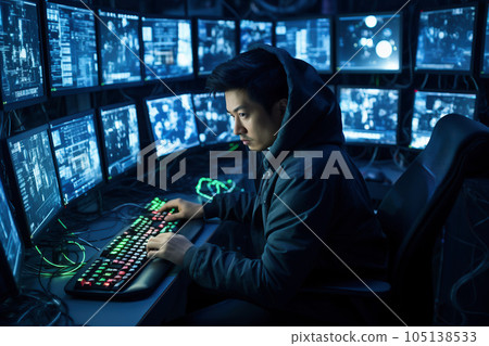 Day trader checking stock prices on multiple monitors 105138533