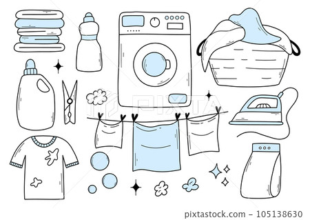 Set of laundry items in doodle style. Linear collection of laundry items. Vector illustration. Isolated elements on a white background. 105138630