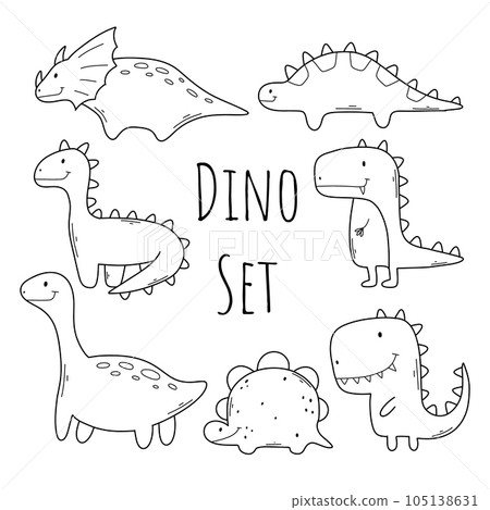 Set of dinosaurs in doodle style. Linear collection of Cute dinos. Vector illustration. 105138631