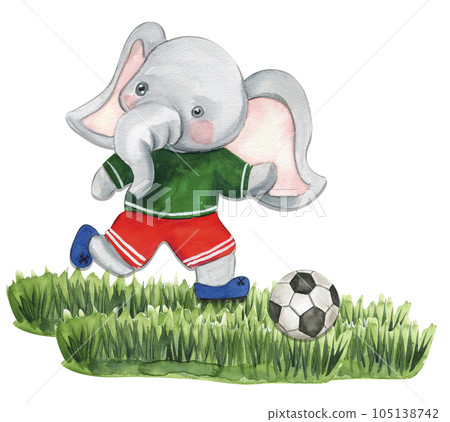 Elephant football player watercolor composition. Watercolor hand drawn illustration. Design for baby shower party, birthday, cake, holiday celebration design , post cards. 105138742