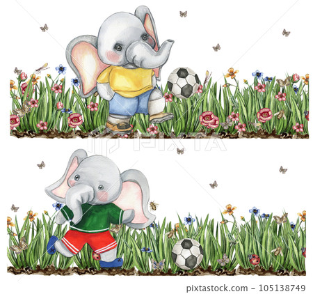 Elephant football player watercolor composition. Watercolor hand drawn illustration. Design for baby shower party, birthday, cake, holiday celebration design , post cards. 105138749