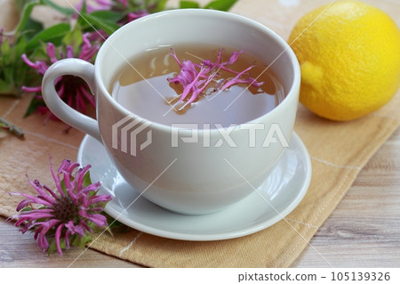 Cup of herbal tea from Monarda didyma flower head and leaves Cup of herbal tea from Monarda didyma flower head and leaves 105139326
