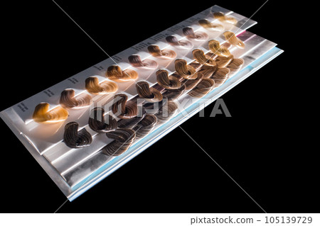 Miscellaneous various samples color palette dye coloring hair shade tint on black background isolated Miscellaneous various samples color palette dye coloring hair shade tint on black background isolated 105139729