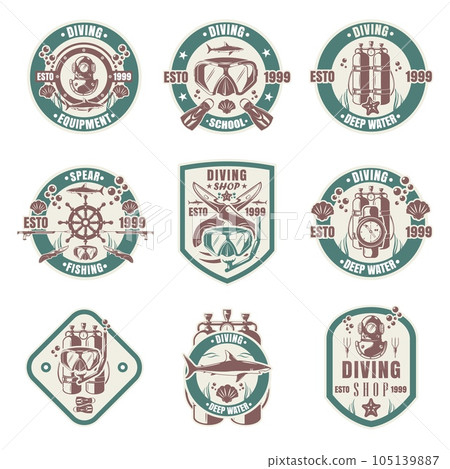 Diving school, shop, club vintage logo set, vector isolated illustration 105139887