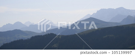 Mountain ranges of the Bernese Oberland in the morning light seen from Vorder Walig, Switzerland. 105139997