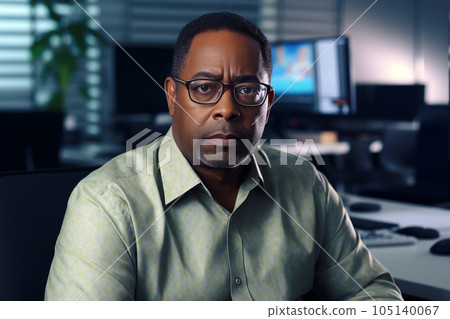 Middle-aged African-American man in office with a lot of papers to work. 105140067