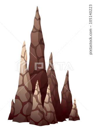 Stalagmite. Icicle shaped upward growing mineral formations in cave. Nature brown limestone, material stone icon. Natural growth geology formations 105140223